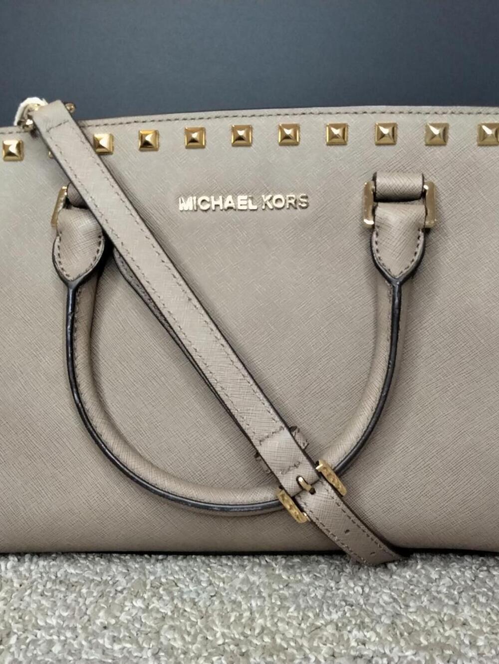 Michael Kors Selma Womens Satchel Saffiano Leather Studded Dark Dune Gray